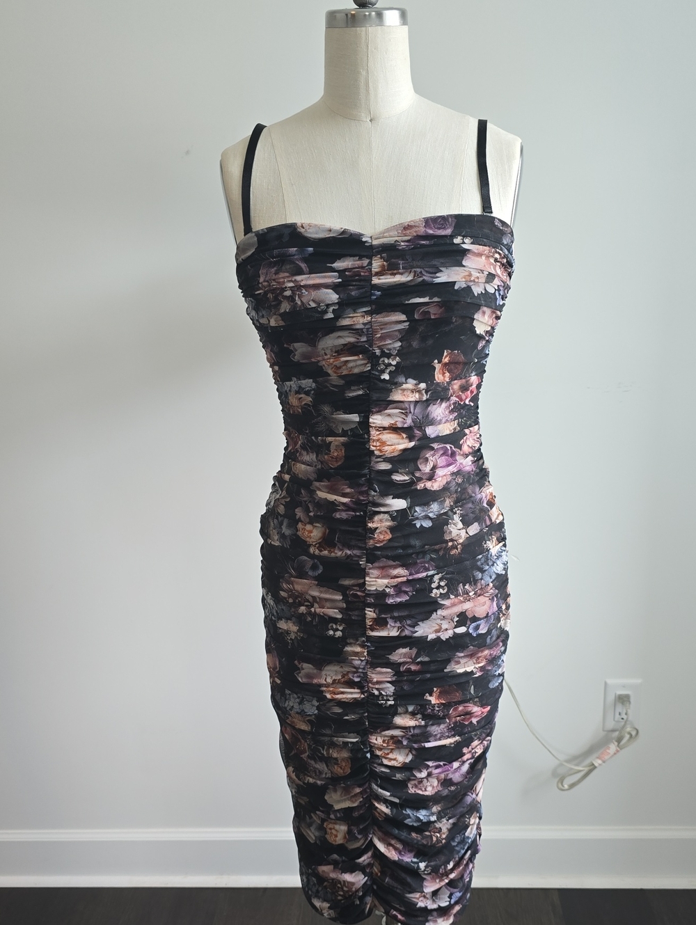 L'AGENCE Black Floral Ruched Midi Dress